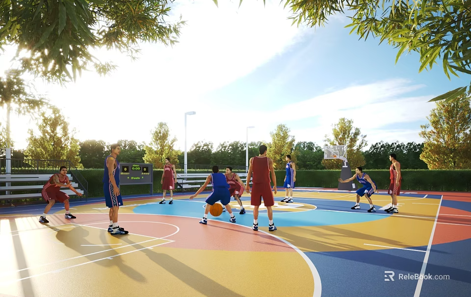 Outdoor Basketball Court With Colorful Surface People Playing Basketball Under Sunny Sky Surrounded by Trees 3d model 