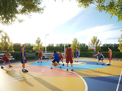 Outdoor Basketball Court With Colorful Surface People Playing Basketball Under Sunny Sky Surrounded by Trees 3d model