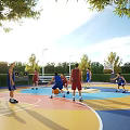 Outdoor Basketball Court With Colorful Surface People Playing Basketball Under Sunny Sky Surrounded by Trees