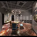 Modern Industrial Style Restaurant Interior Featuring Chandelier Lighting Marble Floor Decorative Painting And Colorful Dining Chairs