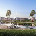 Modern Industrial Park with Spacious Plaza Green Lawns Trees People Walking Cars Parking