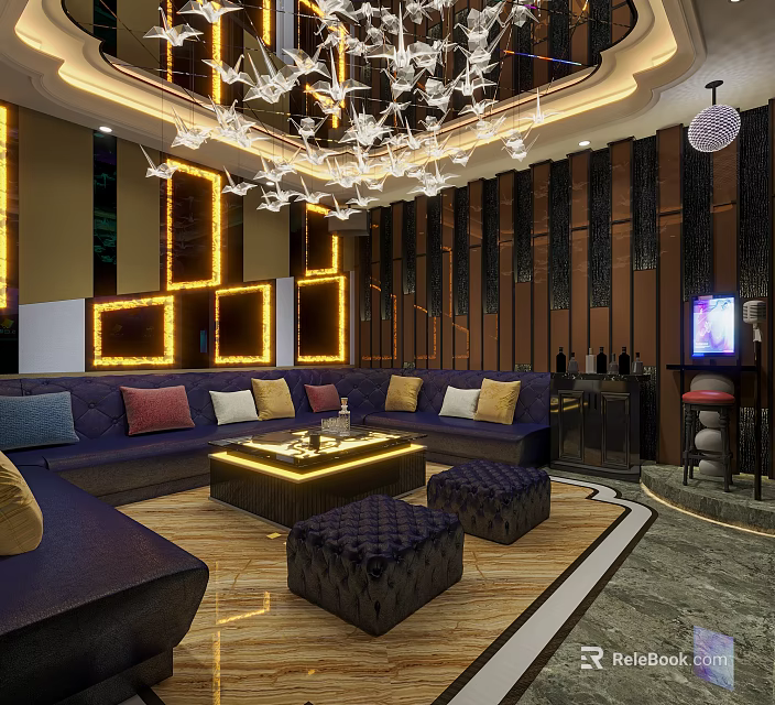 Elegant KTV Lounge Interior With Comfortable Sofa Coffee Table And Decorative Lighting 3d model