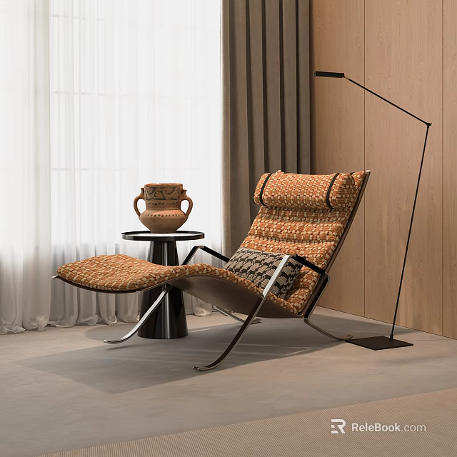 Woven Lounge Chair With Small Round Table Ceramic Vase Curtains Floor Lamp By Wooden Wall 3d model 