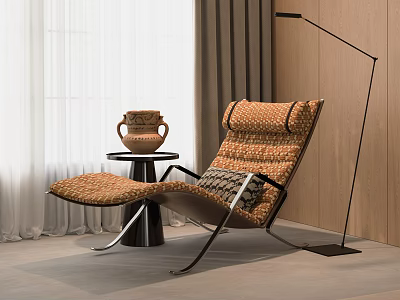 Woven Lounge Chair With Small Round Table Ceramic Vase Curtains Floor Lamp By Wooden Wall 3d model