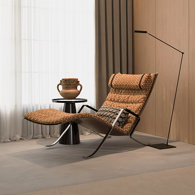 Woven Lounge Chair With Small Round Table Ceramic Vase Curtains Floor Lamp By Wooden Wall 3d model