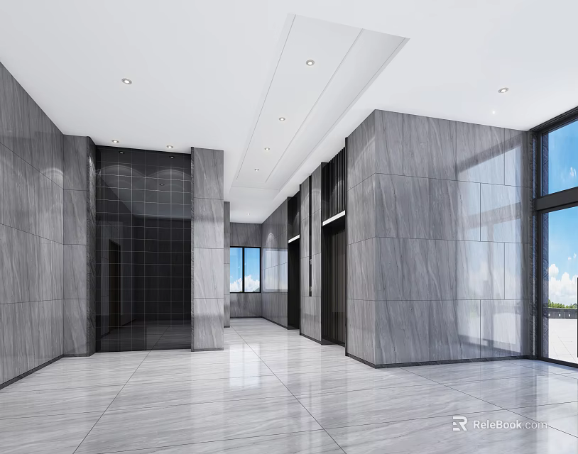 Modern Elevator Hallway With Marble Walls Large Windows Natural Light Spacious Design 3d model