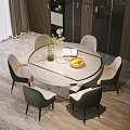 Elegant Round White Dining Table Set with Six Chairs Gold Trim Green Plant Fruit Bowl
