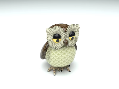 Decorative Owl Figurine With Large Round Eyes And Brown White Textured Feathers 3d model