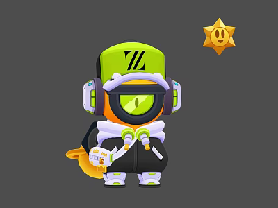 Animated Game Character With Green Cap Headphones Goggles Black Jacket And Gold Smiley Star 3d model
