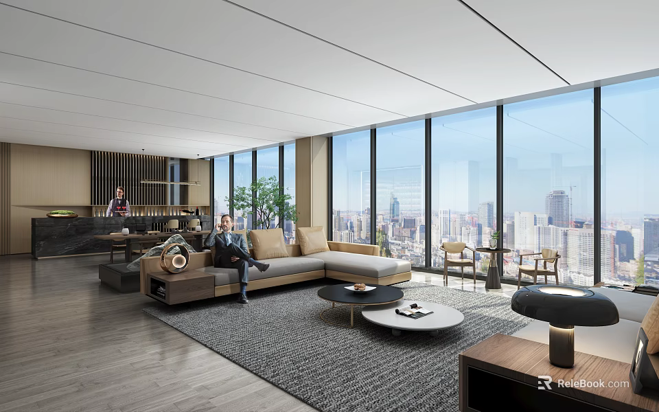 Modern Office Interior With Open Layout Large Windows City View Sofa And Coffee Tables 3d model