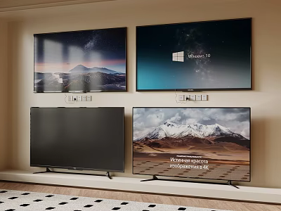 Four TVs on Wall and Stand Displaying Scenic Mountain Starry Sky Windows 10 4K UHD 3d model