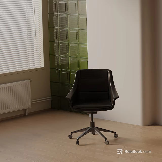 Black Modern Office Chair With Swivel Wheels White Blinds And Green Glass Block Wall 3d model 