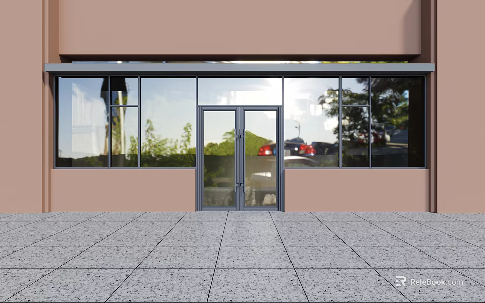 Glass Double Doors In Modern Commercial Exterior With Large Windows Brown Facade And Stone Floor 3d model 