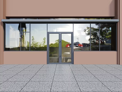 Glass Double Doors In Modern Commercial Exterior With Large Windows Brown Facade And Stone Floor 3d model