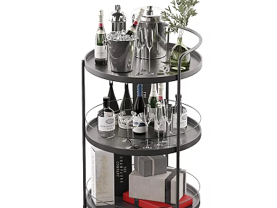 Three Tiered Storage Shelf with Wine Bottles Glassware Ice Bucket Green Plant and Books 3d model