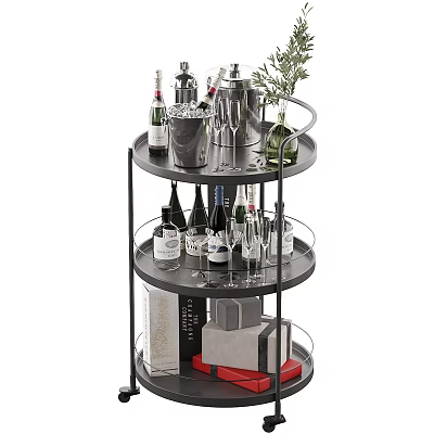 Three Tiered Storage Shelf with Wine Bottles Glassware Ice Bucket Green Plant and Books 3d model