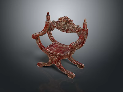 Ornate Red Wooden Single Chair With Intricate Carved Design And Curved Arms 3d model