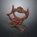 Ornate Red Wooden Single Chair With Intricate Carved Design And Curved Arms