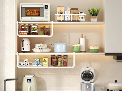 Organized Kitchen Shelves With Cookware Storage Jars And Small Appliances 3d model