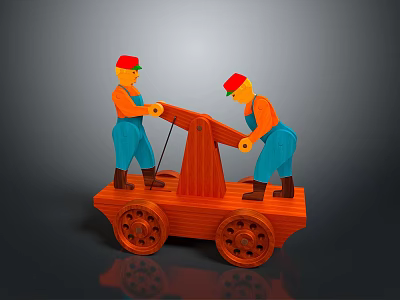 Colorful Wooden Toy With Worker Figures Red Hats Orange Shirts Blue Pants And Wheeled Base 3d model