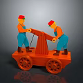 Colorful Wooden Toy With Worker Figures Red Hats Orange Shirts Blue Pants And Wheeled Base