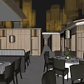 Traditional Restaurant Interior With Tree Patterned Cutout Walls And Yellow Mesh Pendant Lights