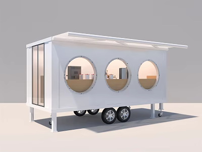 White Mobile Utility Vehicle With Three Round Windows Roof Canopy And Wheels 3d model