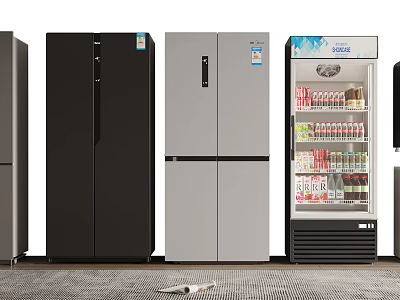 Various Refrigerators and Freezers in Different Styles Including Black Silver Double Door and Glass Door 3d model