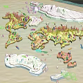 Cartoon World Map Scene With Green Landmasses Icebergs Small Boats And Blue Ocean