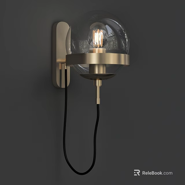 Minimalist Modern Wall Lamp with Metallic Bracket Transparent Glass Globe Shade and Black Cable 3d model 