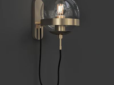 Minimalist Modern Wall Lamp with Metallic Bracket Transparent Glass Globe Shade and Black Cable 3d model