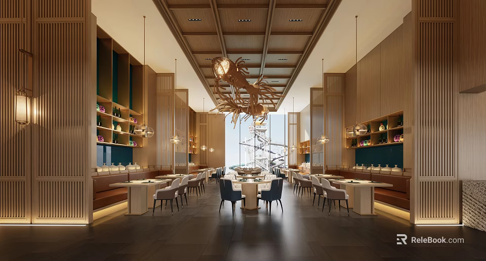 Elegant Modern Restaurant Interior Design With Open Space Wooden Walls And Large Chandelier 3d model 