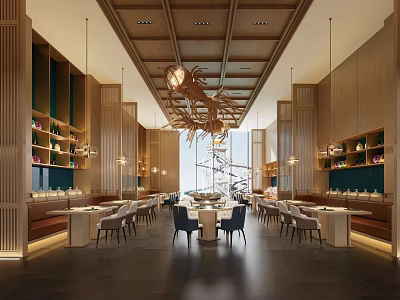 Elegant Modern Restaurant Interior Design With Open Space Wooden Walls And Large Chandelier 3d model
