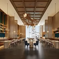 Elegant Modern Restaurant Interior Design With Open Space Wooden Walls And Large Chandelier
