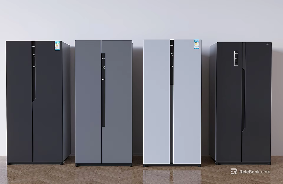 Four Different Colors Double Door Modern Refrigerators Side by Side With Light Wall Wooden Floor 3d model 