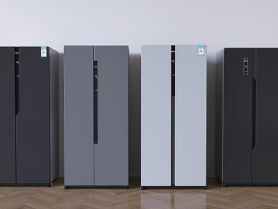 Four Different Colors Double Door Modern Refrigerators Side by Side With Light Wall Wooden Floor 3d model