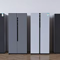 Four Different Colors Double Door Modern Refrigerators Side by Side With Light Wall Wooden Floor
