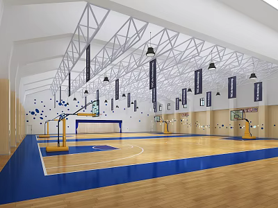 Spacious Basketball Gym Interior With Wooden Flooring And Hoops 3d model