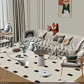 Modern White Sofa and Coffee Table Set With Pillows Artwork Rug and Wicker Chair