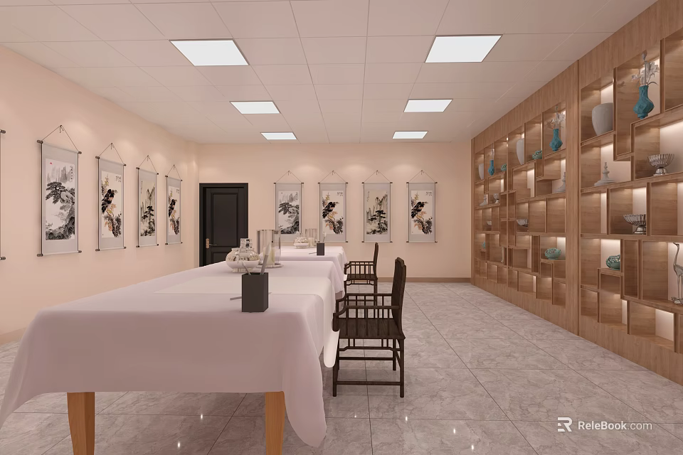 Traditional Chinese Room With Long Table White Tablecloth Black Chairs Ink Paintings And Wooden Shelves 3d model 
