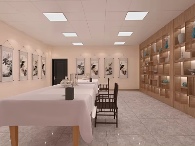 Traditional Chinese Room With Long Table White Tablecloth Black Chairs Ink Paintings And Wooden Shelves 3d model