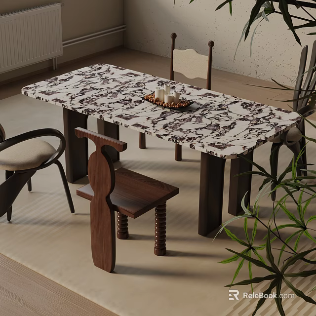 Stylish Marble Patterned Dining Table Set With Dark Wooden Legs Matching Chairs And Green Plant 3d model 