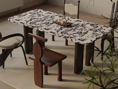 Stylish Marble Patterned Dining Table Set With Dark Wooden Legs Matching Chairs And Green Plant 3d model