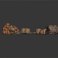 Rustic Market Scene Components With Potatoes Net Bags Wooden Sticks And Cart
