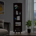 Modern Wooden Bookcase with Books Clock Vase Storage Box and Stacked Books in Living Room