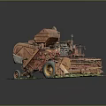 Vintage Rusty Orange Agricultural Harvester Model On Green Grass Base With Gray Background