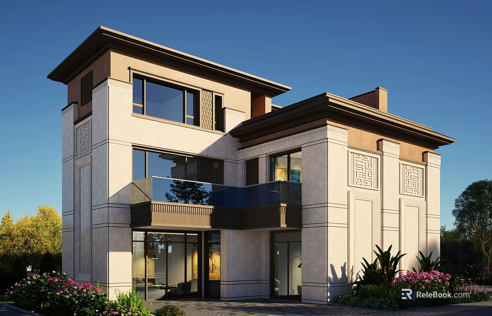 Modern Style Detached Villa With Large Windows Balcony Stone Exterior And Green Plants 3d model 