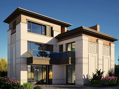 Modern Style Detached Villa With Large Windows Balcony Stone Exterior And Green Plants 3d model