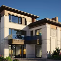 Modern Style Detached Villa With Large Windows Balcony Stone Exterior And Green Plants