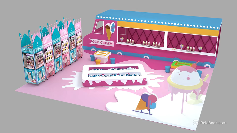 Colorful Ice Cream Truck With Stalls Cones And Melted Cream On Pink Background 3d model 